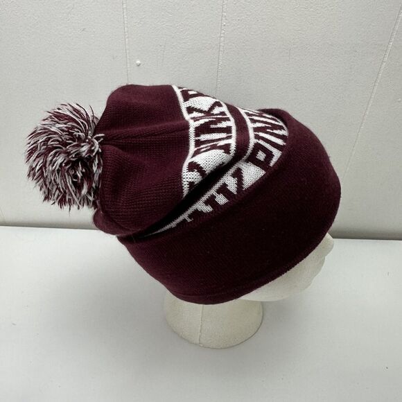 Victorias Secret PINK Beanie Hat Winter Cap Maroon White Knit - Picture 6 of 11